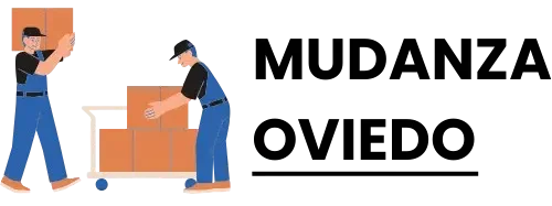 Logotipo de Mudanza Oviedo con ilustración de operarios cargando cajas de cartón en una carretilla.