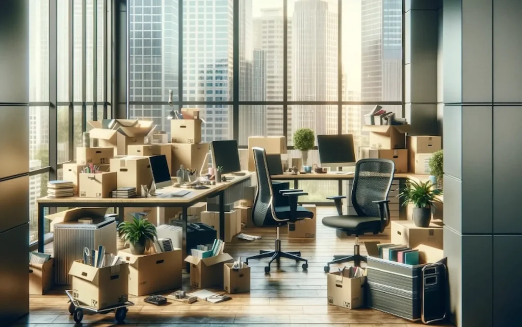 Oficina con cajas de cartón, equipos informáticos y mobiliario embalado para una mudanza empresarial.