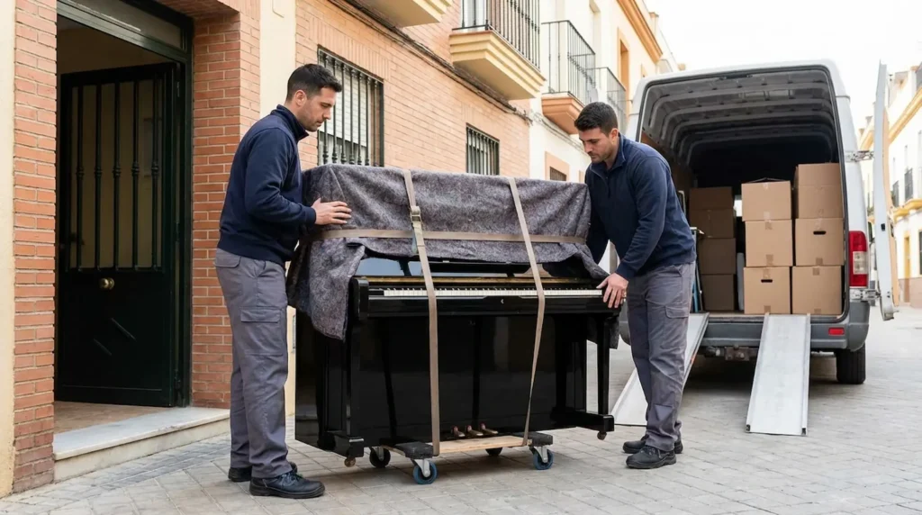 Servicio especializado de mudanza de pianos en Oviedo: operarios cargando un piano de pared negro.