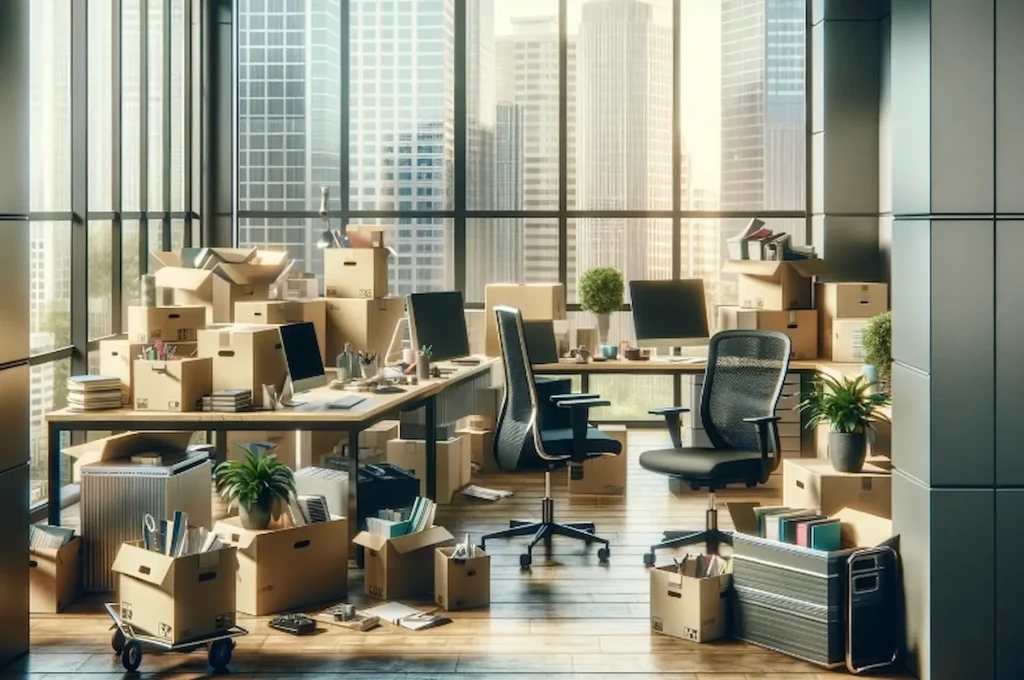Oficina preparada para mudanza corporativa Oficina con cajas de cartón, equipos informáticos y mobiliario embalado para una mudanza empresarial.