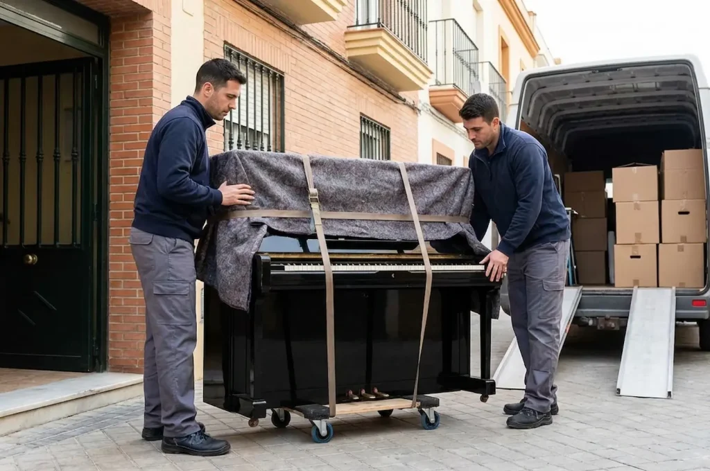 Expertos en transporte de pianos Servicio especializado de mudanza de pianos en Oviedo: operarios cargando un piano de pared negro.